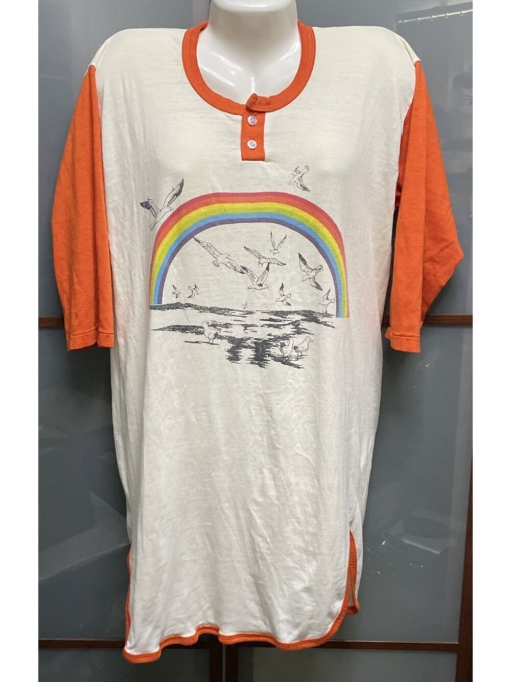 Vintage 70's Womans Raglan Sleep Shirt Night Gown Graphic Print Orange & Beige